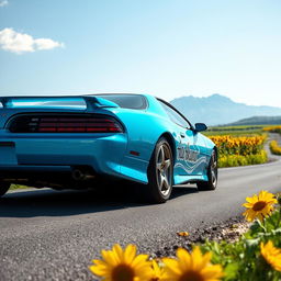 A vibrant cyan Pontiac GTO Firebird captured from the front side, showcasing its dynamic design and powerful stance