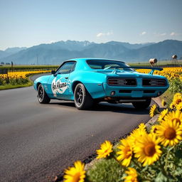 A vibrant cyan Pontiac GTO Firebird captured from the front side, showcasing its dynamic design and powerful stance