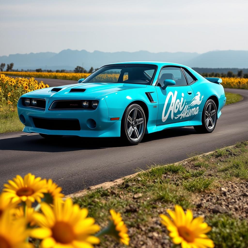 A vibrant cyan Pontiac GTO Firebird captured from the front side, showcasing its dynamic design and powerful stance