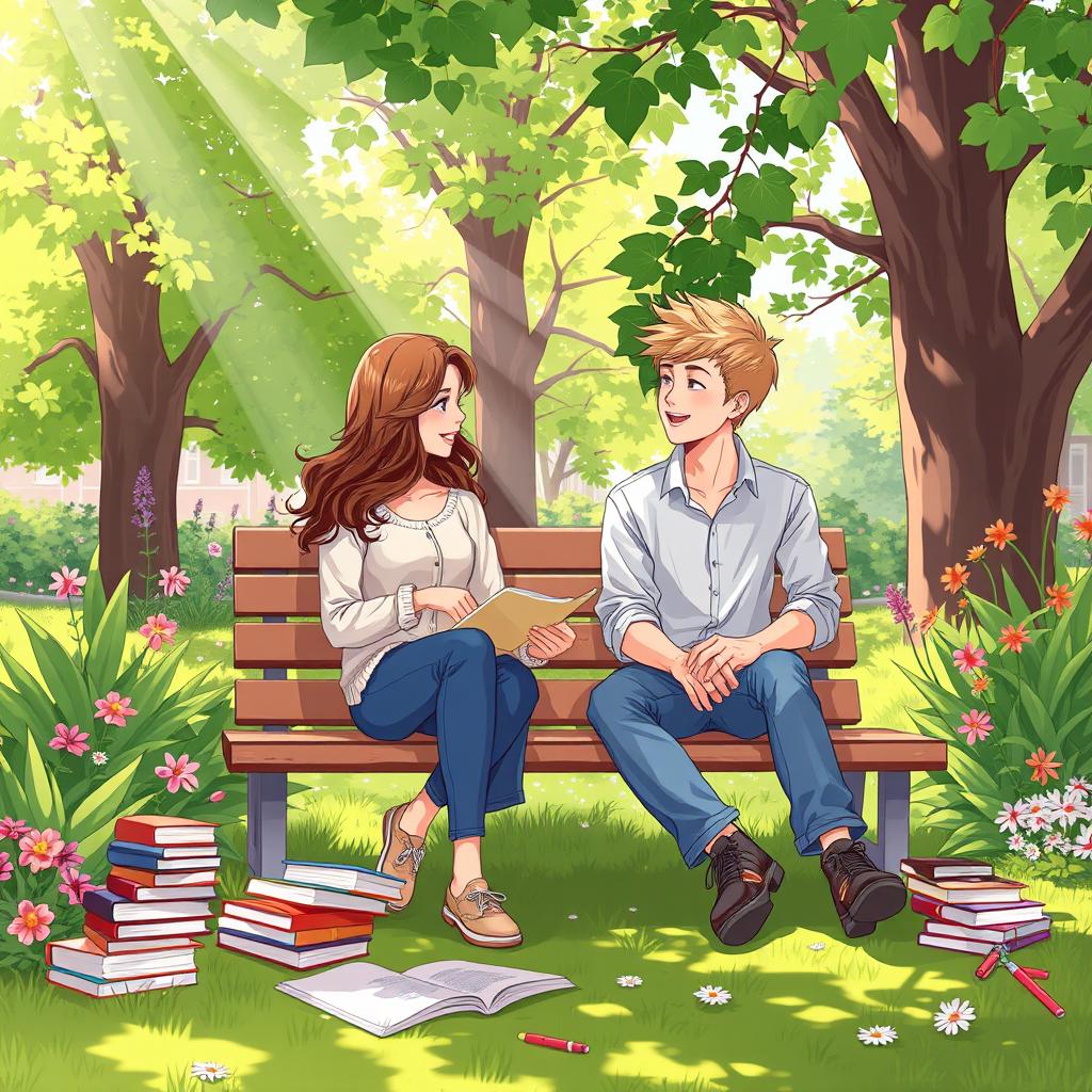 An illustration of two students sitting on a campus garden bench, engaged in a lively discussion