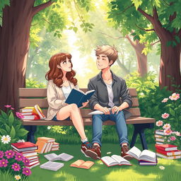 An illustration of two students sitting on a campus garden bench, engaged in a lively discussion