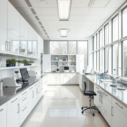 A modern laboratory design featuring sleek, white cabinetry, stainless steel countertops, and advanced scientific equipment