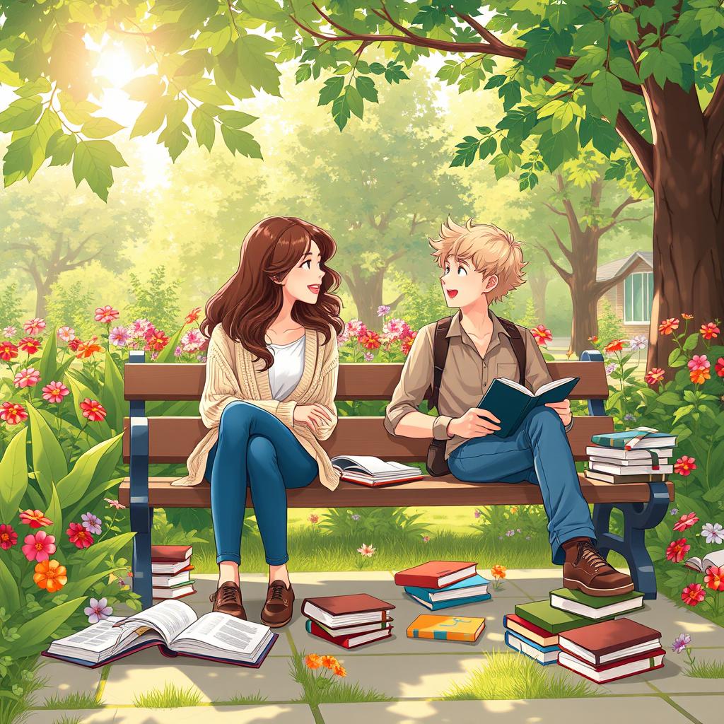 An illustration of two students sitting on a campus garden bench, engaged in a lively discussion