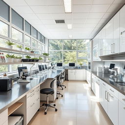 A modern laboratory design featuring sleek, white cabinetry, stainless steel countertops, and advanced scientific equipment