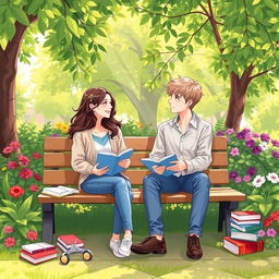 An illustration of two students sitting on a campus garden bench, engaged in a lively discussion