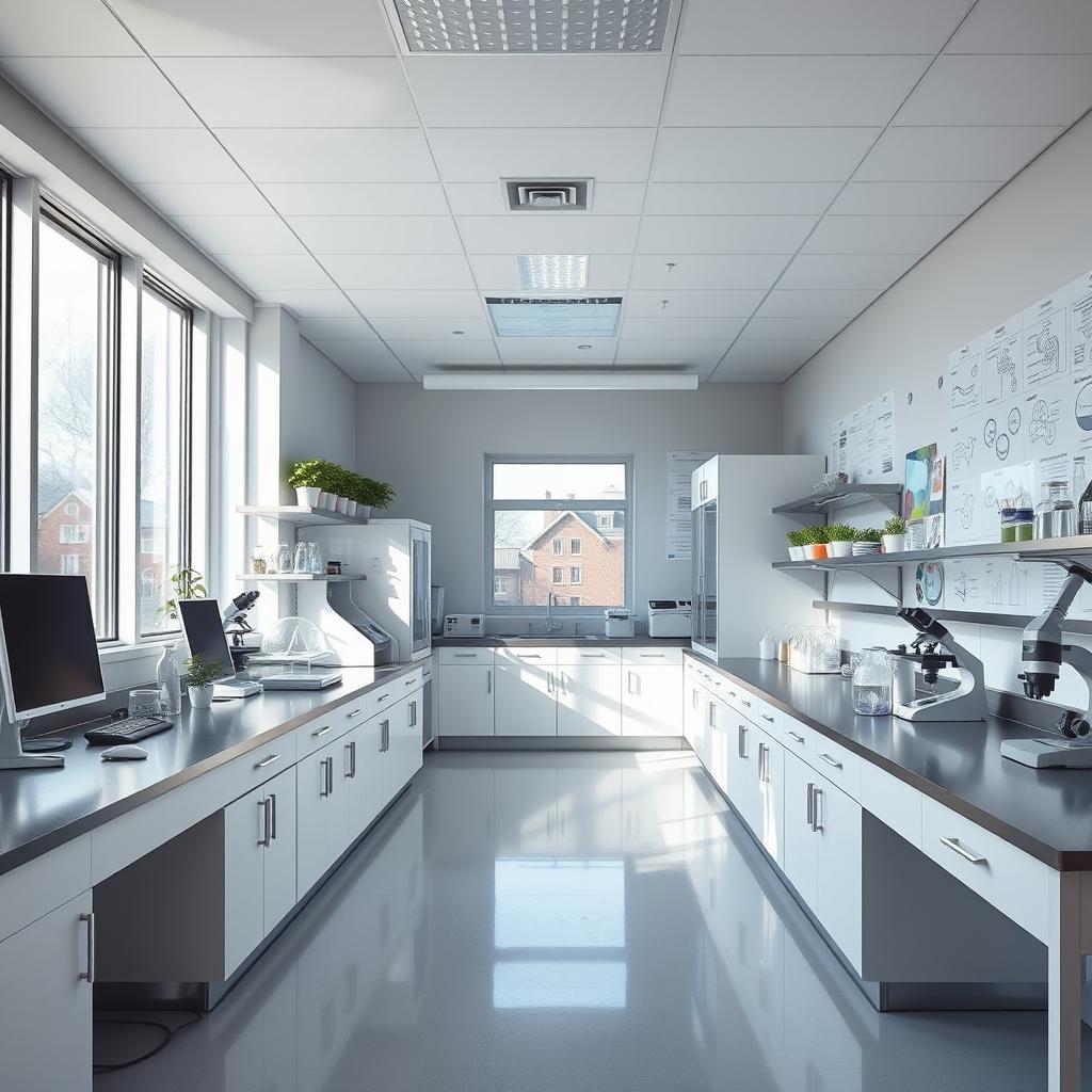 A modern laboratory design featuring sleek, white cabinetry, stainless steel countertops, and advanced scientific equipment