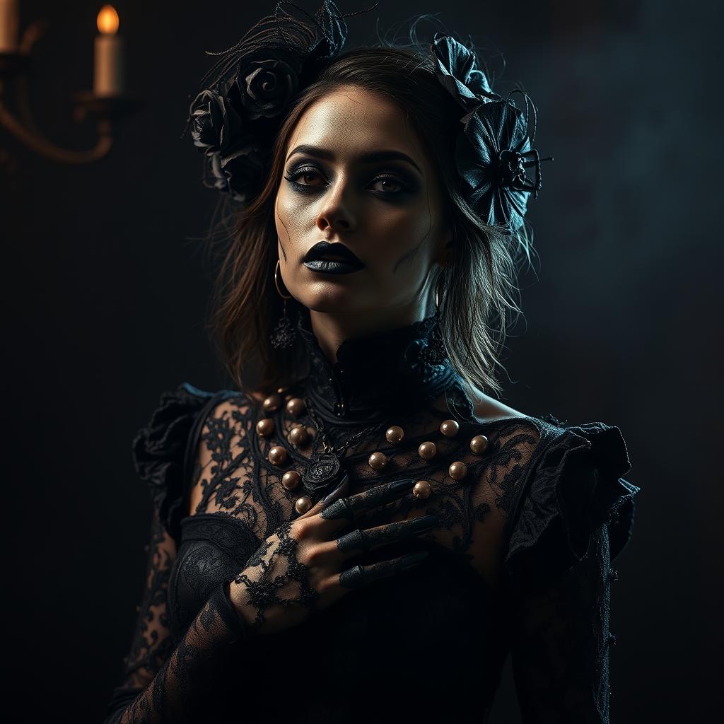 A gothic woman embracing an unconventional form of self-expression, artfully coated in dark and rich textures that create a striking visual impact