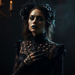 A gothic woman embracing an unconventional form of self-expression, artfully coated in dark and rich textures that create a striking visual impact