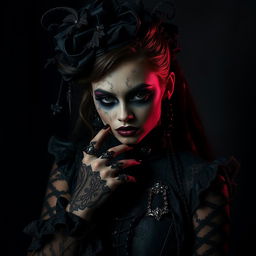 A gothic woman embracing an unconventional form of self-expression, artfully coated in dark and rich textures that create a striking visual impact