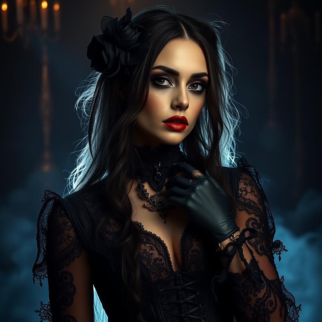 A gothic woman embracing an unconventional form of self-expression, artfully coated in dark and rich textures that create a striking visual impact