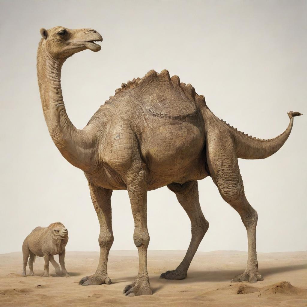 A fantastical creature intertwining features of a camel and a crocodile, demonstrating the crocodile's powerful tail and strong jaws, coupled with the camel's long legs and distinctive hump.