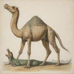 A fantastical creature intertwining features of a camel and a crocodile, demonstrating the crocodile's powerful tail and strong jaws, coupled with the camel's long legs and distinctive hump.