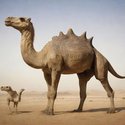 A fantastical creature intertwining features of a camel and a crocodile, demonstrating the crocodile's powerful tail and strong jaws, coupled with the camel's long legs and distinctive hump.