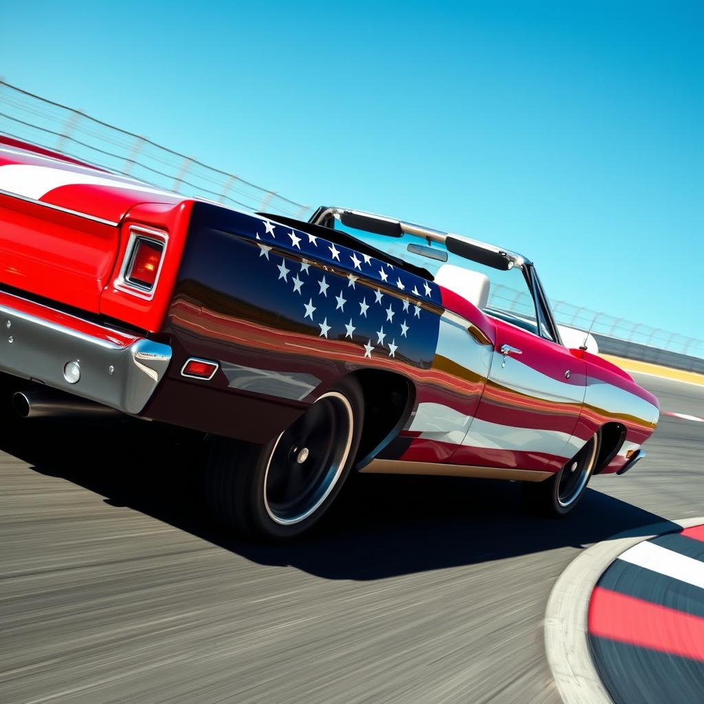 A close-up shot of a 1969 Plymouth Road Runner cabriolet, featuring a striking US flag painted on its exterior