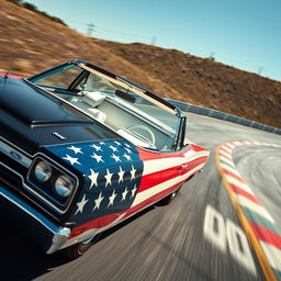 A close-up shot of a 1969 Plymouth Road Runner cabriolet, featuring a striking US flag painted on its exterior