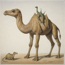 A fantastical creature intertwining features of a camel and a crocodile, demonstrating the crocodile's powerful tail and strong jaws, coupled with the camel's long legs and distinctive hump.