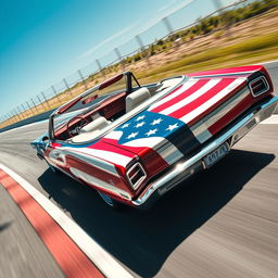 A close-up shot of a 1969 Plymouth Road Runner cabriolet, featuring a striking US flag painted on its exterior