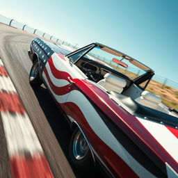 A close-up shot of a 1969 Plymouth Road Runner cabriolet, featuring a striking US flag painted on its exterior