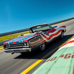 A close-up shot of a 1969 Plymouth Road Runner cabriolet, painted with a vibrant and bold US flag design