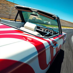 A close-up shot of a 1969 Plymouth Road Runner cabriolet, painted with a vibrant and bold US flag design