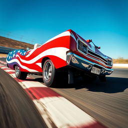 A close-up shot of a 1969 Plymouth Road Runner cabriolet, painted with a vibrant and bold US flag design