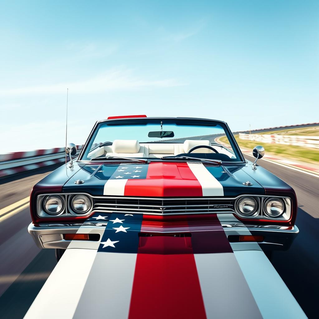 A front-side view of a 1969 Plymouth Road Runner cabriolet, resplendent with a bold US flag painted on its exterior