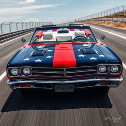 A front-side view of a 1969 Plymouth Road Runner cabriolet, resplendent with a bold US flag painted on its exterior