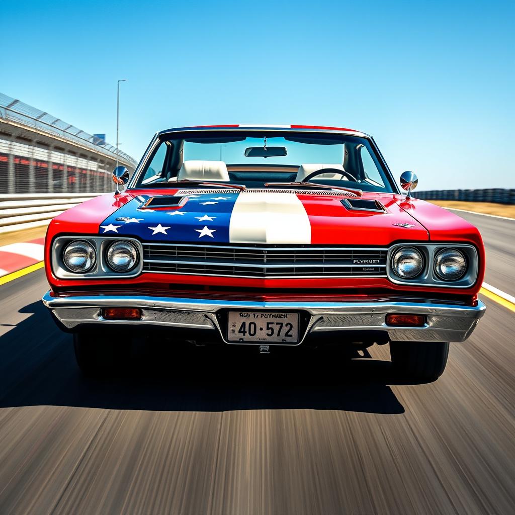 A front-side view of a 1969 Plymouth Road Runner cabriolet, resplendent with a bold US flag painted on its exterior