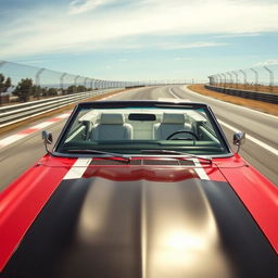 A front-side view of a 1969 Plymouth Road Runner cabriolet, resplendent with a bold US flag painted on its exterior