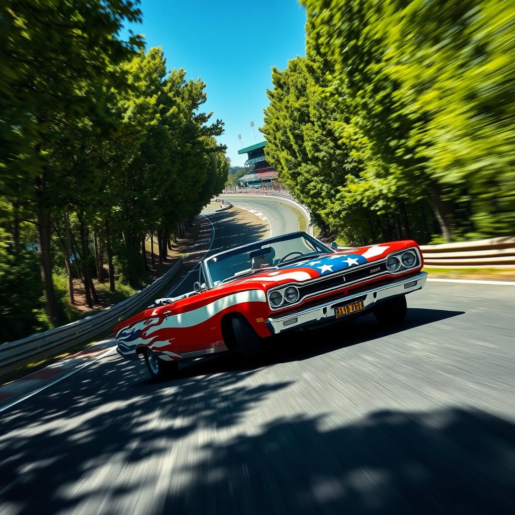 A dynamic scene capturing a 1969 Plymouth Road Runner cabriolet, boldly painted with a US flag design