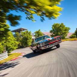 A dynamic scene capturing a 1969 Plymouth Road Runner cabriolet, boldly painted with a US flag design