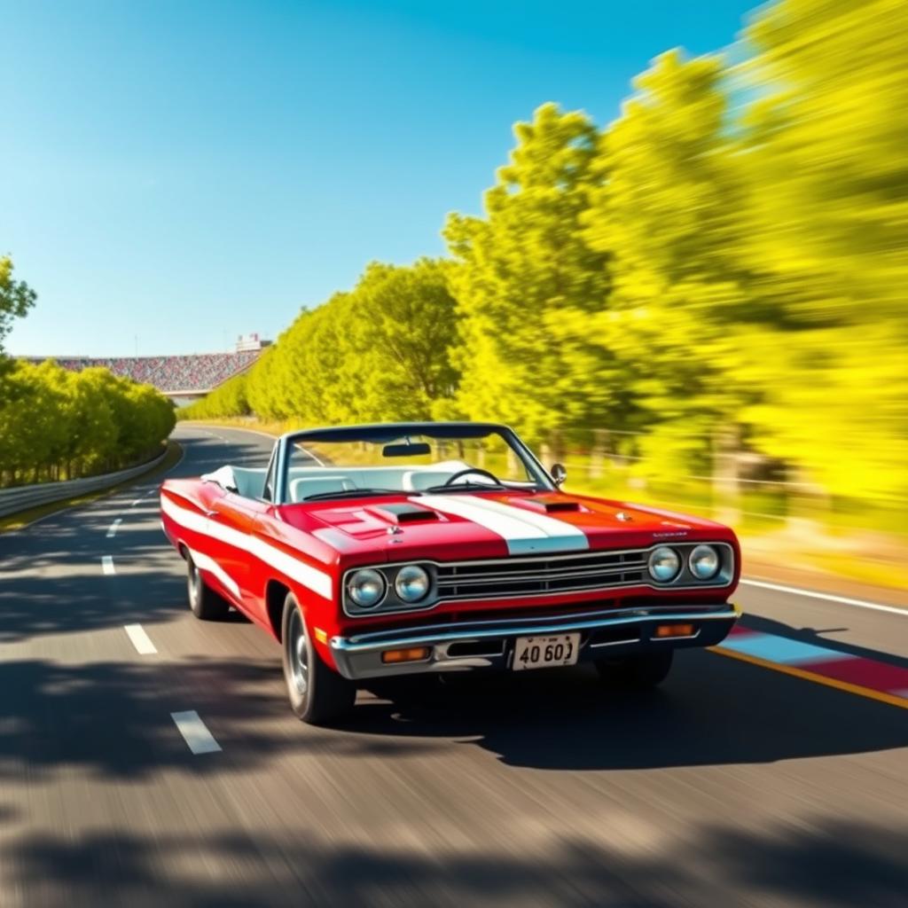 A dynamic scene capturing a 1969 Plymouth Road Runner cabriolet, boldly painted with a US flag design