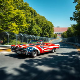 A dynamic scene capturing a 1969 Plymouth Road Runner cabriolet, boldly painted with a US flag design