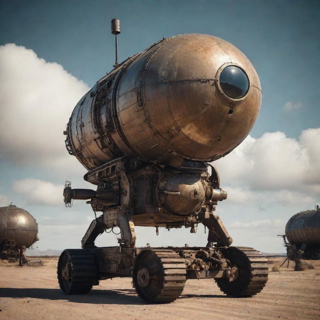 A vintage diesel-powered satellite echoing the aesthetic of Dieselpunk with a combination of hard-edged machinery, rich textures, and an overall gritty atmosphere.