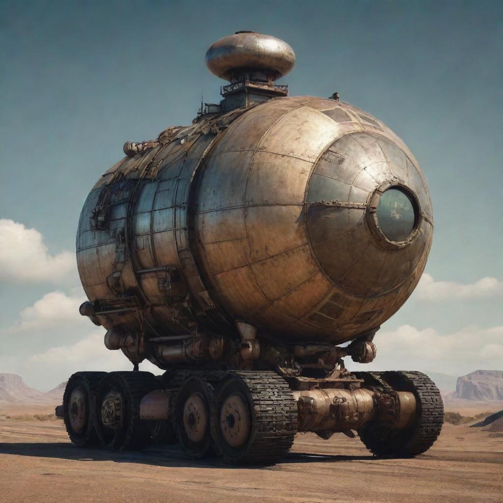 A vintage diesel-powered satellite echoing the aesthetic of Dieselpunk with a combination of hard-edged machinery, rich textures, and an overall gritty atmosphere.