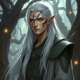 A tall male high elf with one green eye and one red eye, showcasing a prominent scar that runs across the middle of his face