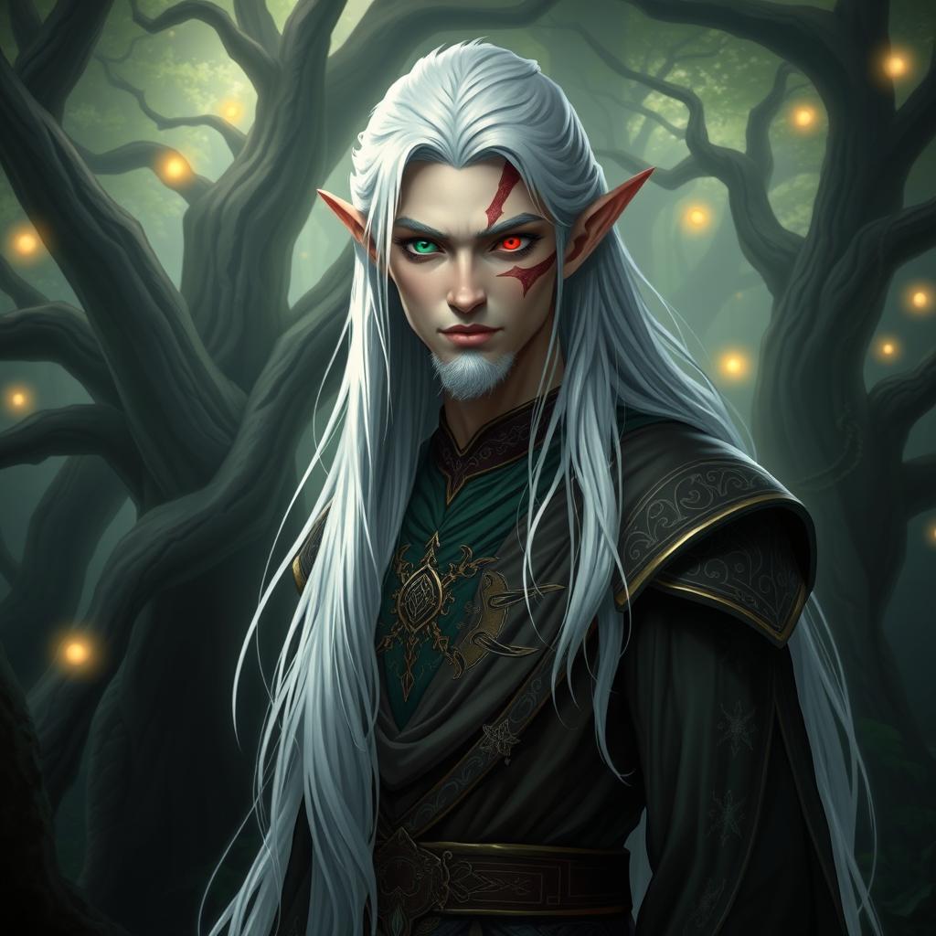 A tall male high elf with one green eye and one red eye, showcasing a prominent scar that runs across the middle of his face