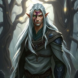 A tall male high elf with one green eye and one red eye, showcasing a prominent scar that runs across the middle of his face