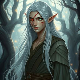 A tall male high elf with one green eye and one red eye, showcasing a prominent scar that runs across the middle of his face