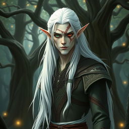 A tall male high elf with pale skin, featuring one green eye and one red eye, and a prominent scar that runs across the middle of his face