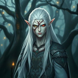 A tall male high elf with pale skin, featuring one green eye and one red eye, and a prominent scar that runs across the middle of his face