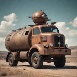 A vintage diesel-powered satellite echoing the aesthetic of Dieselpunk with a combination of hard-edged machinery, rich textures, and an overall gritty atmosphere.