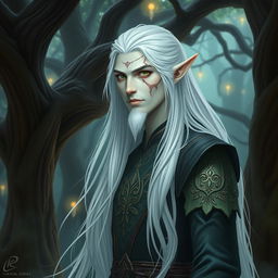 A tall male high elf with pale skin, featuring one green eye and one red eye, and a prominent scar that runs across the middle of his face