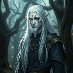 A tall male high elf with pale skin, featuring one green eye and one red eye, and a prominent scar that runs across the middle of his face