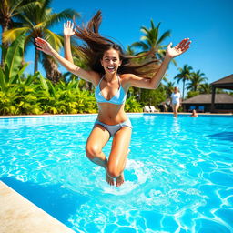 A joyful scene of a young woman jumping into a sparkling blue pool, her long hair flying in the air, depicting a sense of carefree fun and excitement