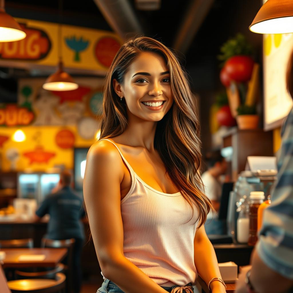 A beautiful woman wearing a tank top standing at the cashier in a restaurant