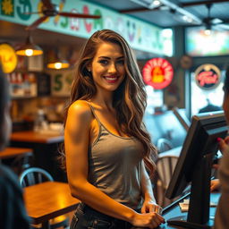 A beautiful woman wearing a tank top standing at the cashier in a restaurant