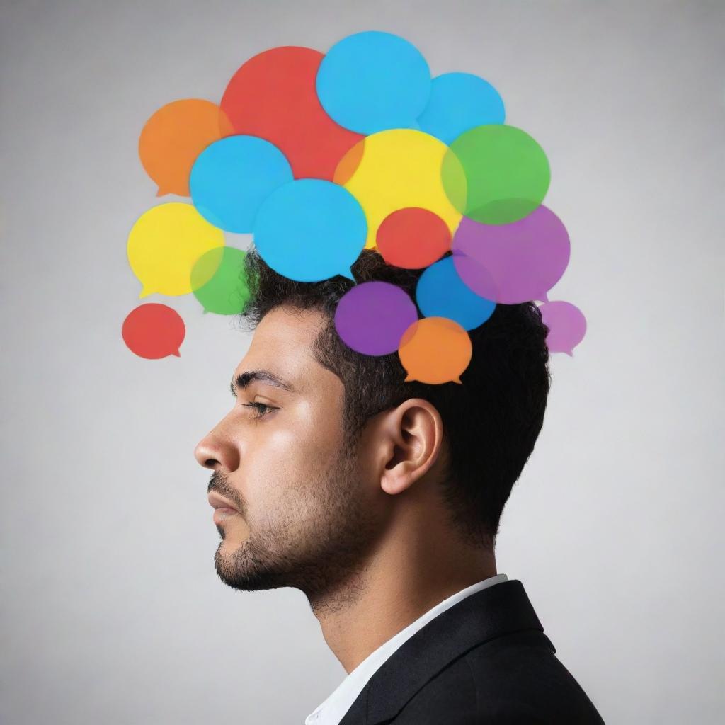 Render a person deep in thought, considering multiple possible outcomes. Around their head, imagine thought bubbles each containing a different outcome symbol, representing the diversity of their thought process.