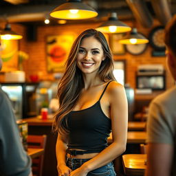 A beautiful woman wearing a tank top standing at the cashier in a restaurant