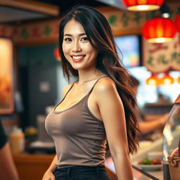 A beautiful Chinese woman wearing a tank top that accentuates her figure, standing at the cashier in a restaurant